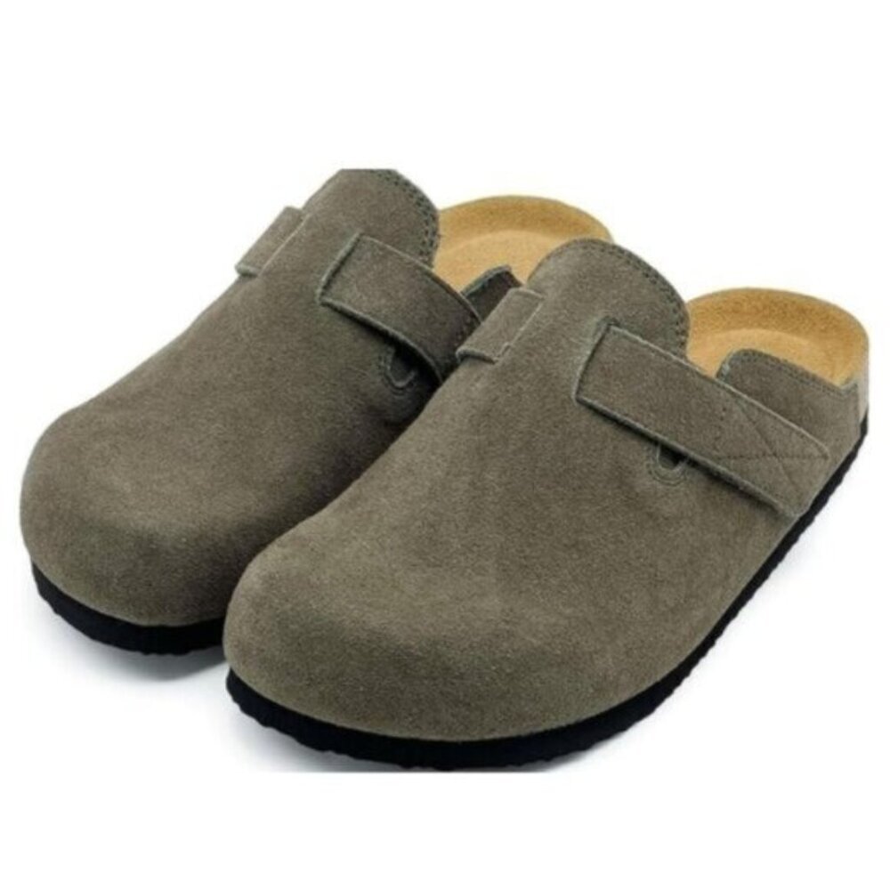 Suede Leather Clogs Men 10.5 / Women 12 Army Green Cork Footbed Comfort NIB